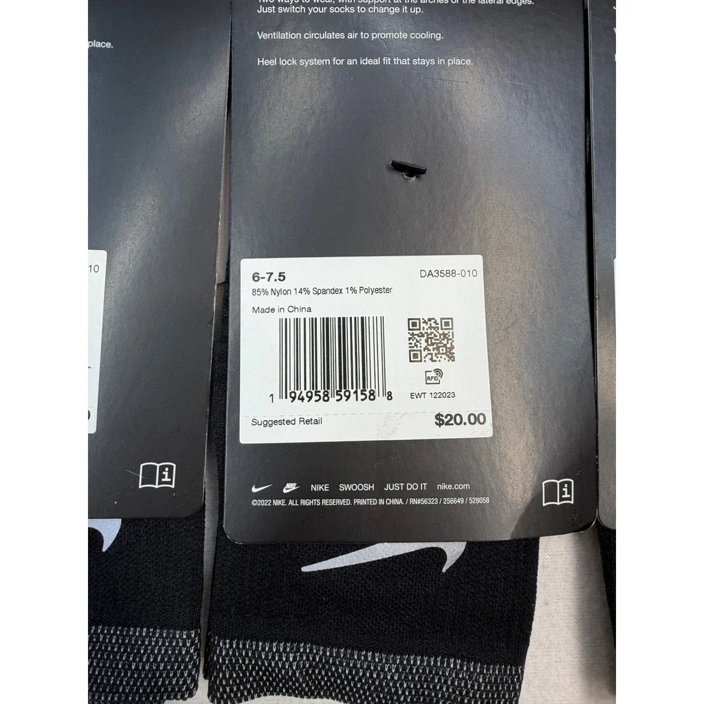 3 pair Nike Spark Lightweight Ankle Socks Black Women 7.5-9 Men 6-7.5 NWT